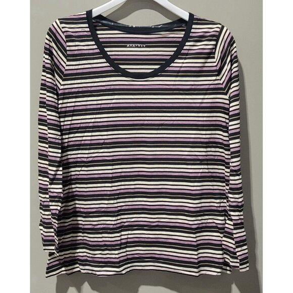 Ava & Viv Women's 1X 16W/18W Neutral Colors Striped Scoop Neck Long Sleeve Tee - Picture 2 of 8